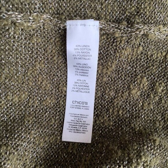 Chico's Cowl Neck 3/4 Sleeve Pullover Sweater Forest Green Gold Metallic 2/M - Picture 9 of 11